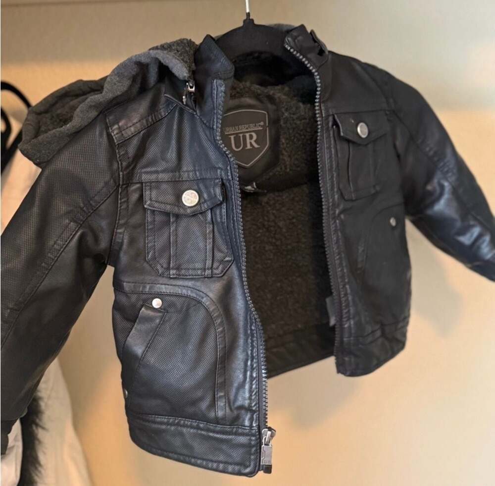 Urban Republic Boys Faux Leather Hooded Biker Jacket with Sherpa Lining (Size 18